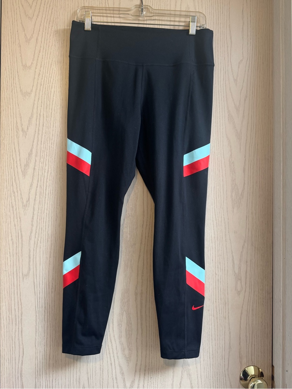 Nike Black Leggings with Teal & Red Racing Stripes size Large